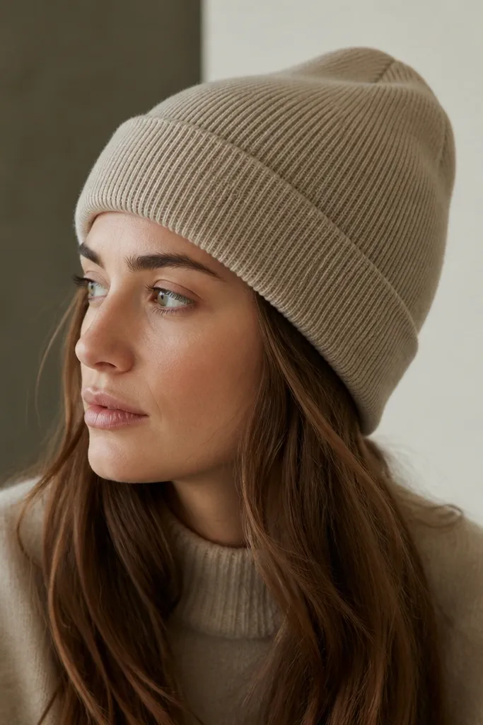An oatmeal-colored beanie with a soft, dense knit and a folded brim. The surface looks matte and tidy with no loose threads.