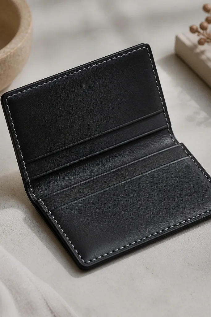 A black leather card wallet with visible contrast stitching in light gray. The wallet has a slim profile, a fold edge, and a clean interior lining.
