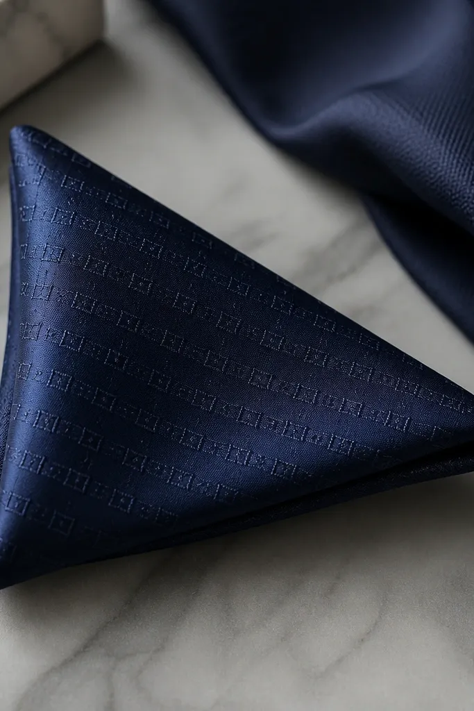 A deep navy silk pocket square with a subtle tonal pattern, folded into a neat triangle. The fabric has a slight sheen that catches light gently.