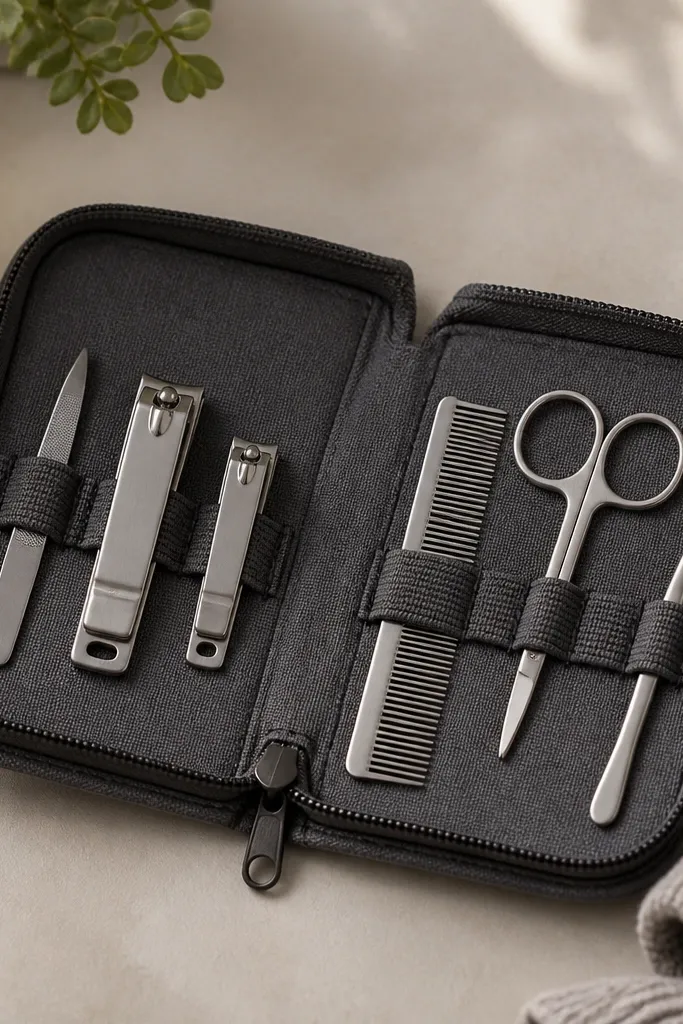 A canvas grooming case in dark gray with a zipper and interior elastic loops. Inside are stainless steel tools like nail clippers, a small comb, and grooming scissors neatly arranged.