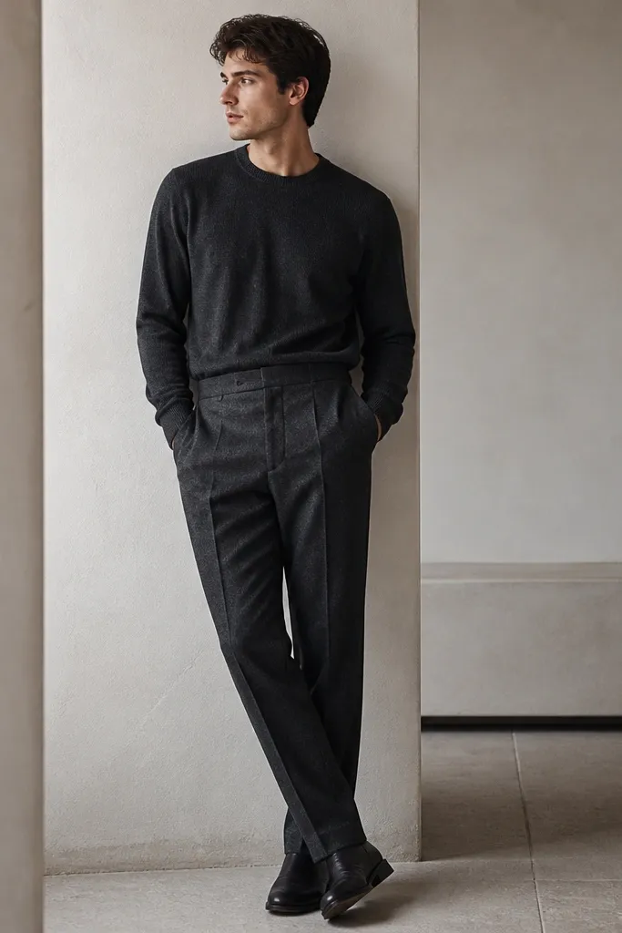 Charcoal wool trousers with a subtle herringbone texture. The fabric looks dense and matte, with a clean waistband and a tapered leg line.