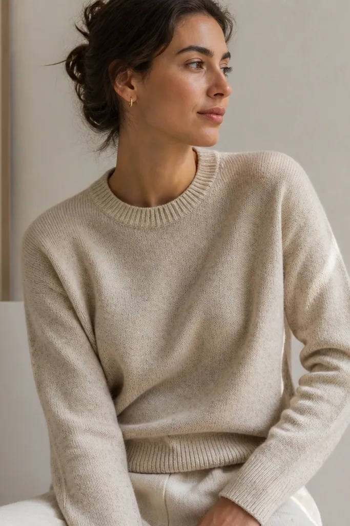 An oatmeal heather crewneck sweater with a soft knit and ribbed cuffs and hem. The color looks warm and slightly speckled, not flat.