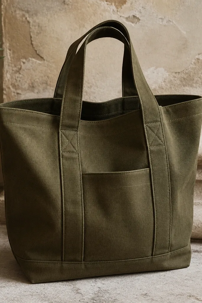 A heavy olive canvas tote bag with thick handles and reinforced stitching. The bag has a roomy interior and a simple minimal label on the front.