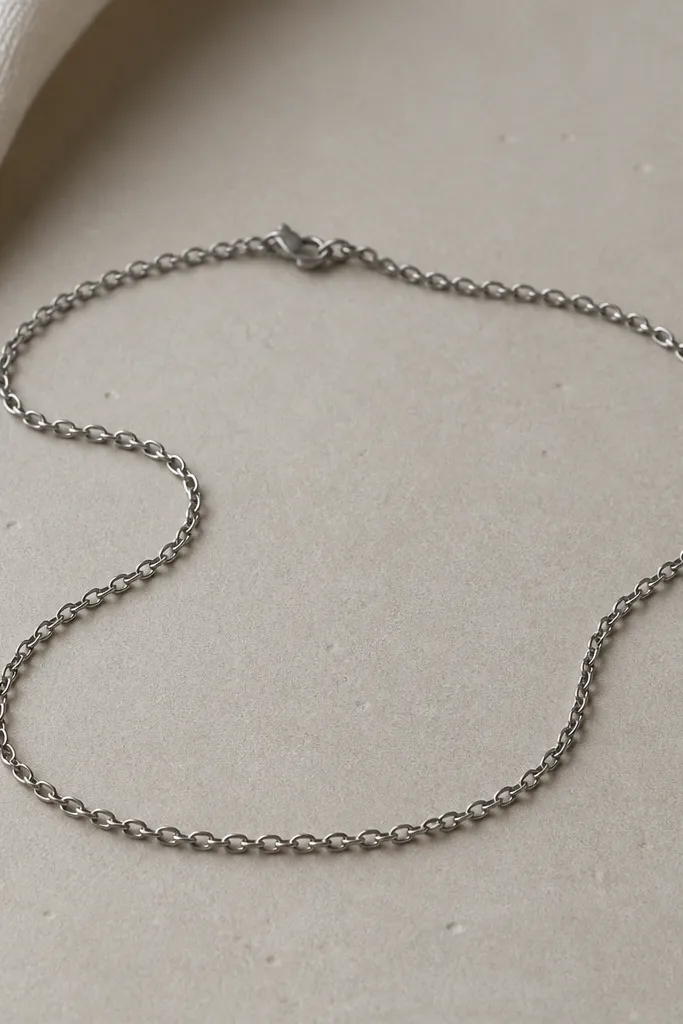 A minimalist brushed steel chain with a small clasp, shown on a flat surface. The links are small and uniform, with a clean matte finish.