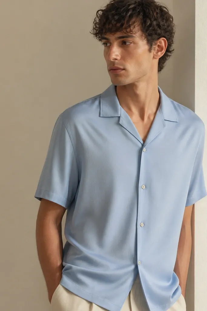 A light blue camp-collar shirt with short sleeves and a relaxed drape. The fabric looks smooth with a slight sheen, and the buttons are small and neutral.