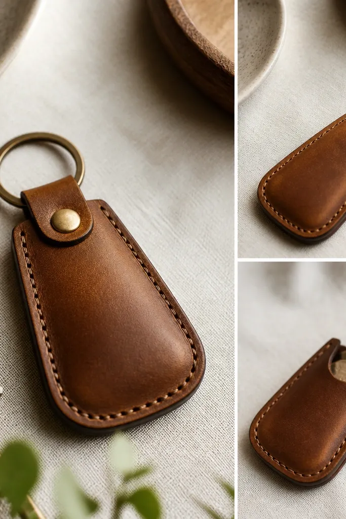 A saddle brown leather key fob with a metal ring and a small hidden pocket. The leather has a warm patina tone and clean stitching.