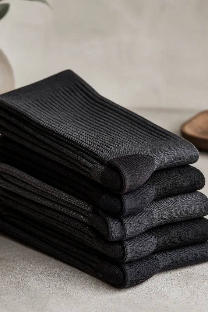 A set of crew socks folded neatly, mostly charcoal and black with subtle ribbing. The fabric looks thick with reinforced heel and toe.