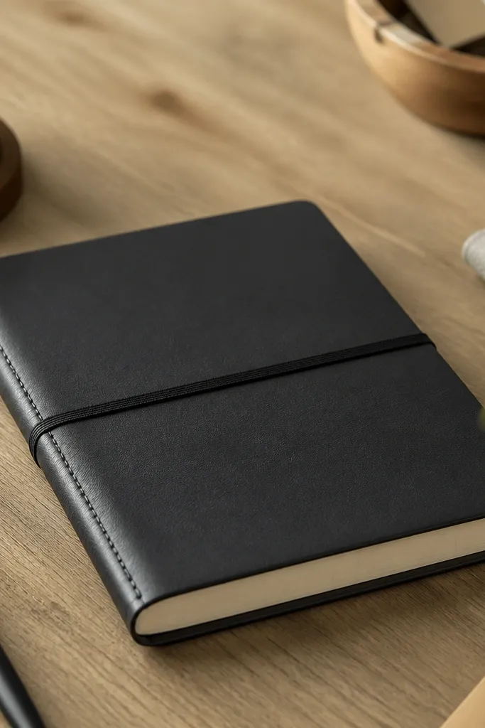An A5 black leather notebook with a matte cover, visible stitched spine, and a wrap-around elastic band. The pages look lined and the notebook lays flat.