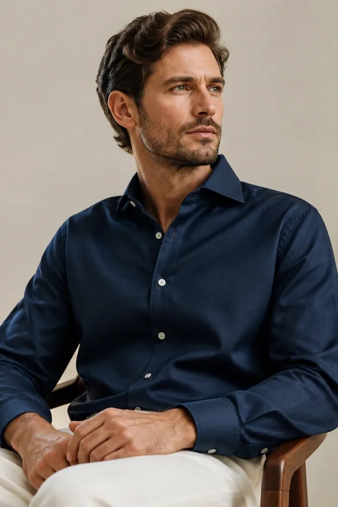 A navy oxford button-down shirt with a cutaway collar, visible buttons, and subtle texture in the fabric. The shirt cuffs look clean with a crisp fold.