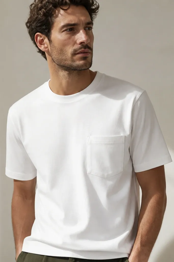 A crisp white crew-neck t-shirt with a small chest pocket. The fabric looks thick and structured, with a collar that stays flat.