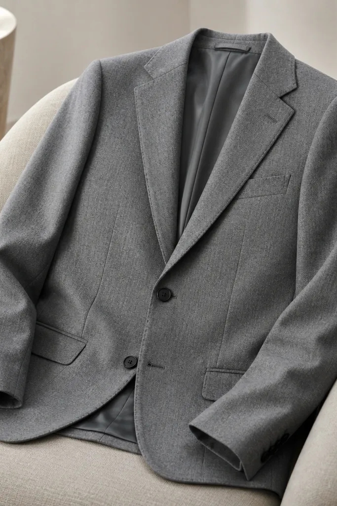 A mid-gray two-button blazer with notch lapels, structured shoulders, and a wool blend texture. The inside lining looks neat and the buttons are dark and subtle.