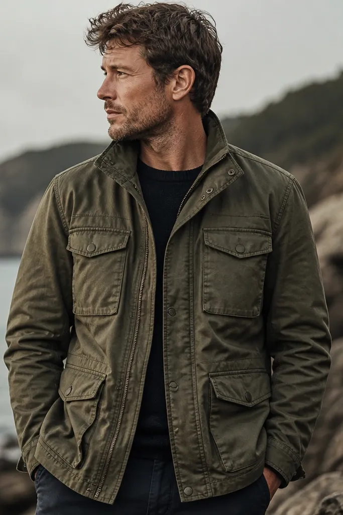 An olive cotton ripstop field jacket with multiple pockets, a zip front with a button placket, and a slightly worn-in matte finish. The collar sits flat and the fabric shows a subtle grid texture.
