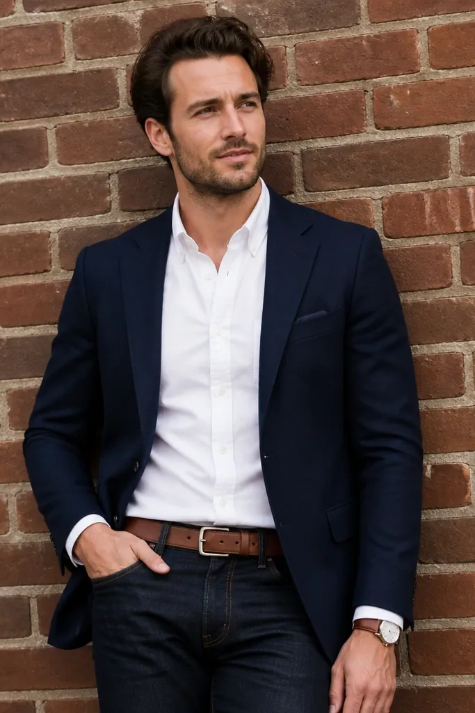 A navy blazer worn over a white button-down Oxford shirt, paired with dark indigo jeans; brown leather belt and a simple wristwatch; the person stands in front of a brick wall with a relaxed, confident posture.
