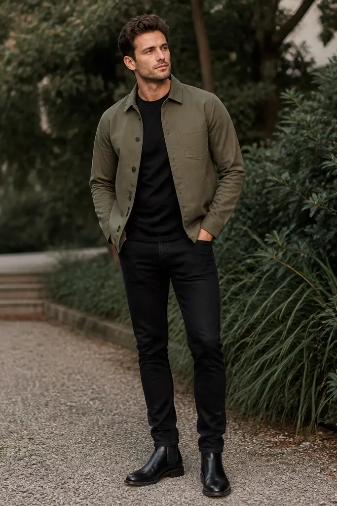 An olive green overshirt layered over a plain black crewneck tee, paired with black slim jeans and black Chelsea boots; the outfit is photographed outdoors near greenery.