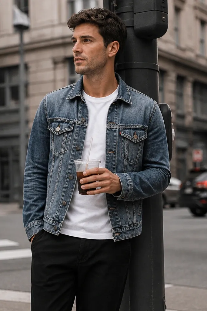 A plain white t-shirt under a medium-wash denim jacket, paired with black chinos; the person stands in front of a city street sign and holds a drink.