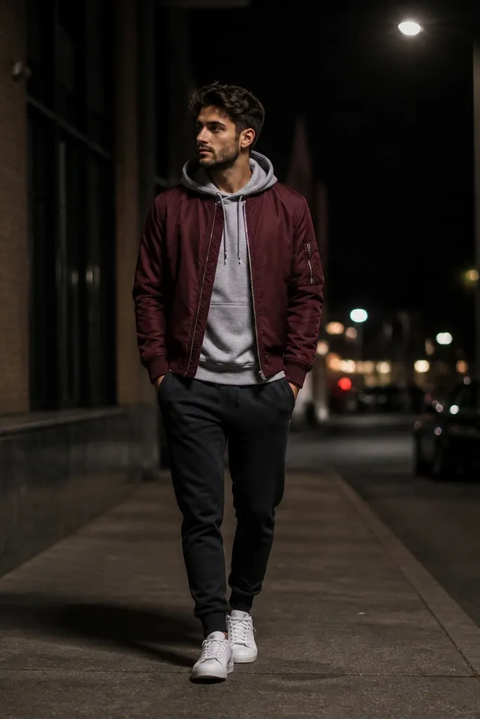 A burgundy bomber jacket over a heather grey hoodie, paired with dark joggers and clean white sneakers; the photo is taken at night with streetlights.