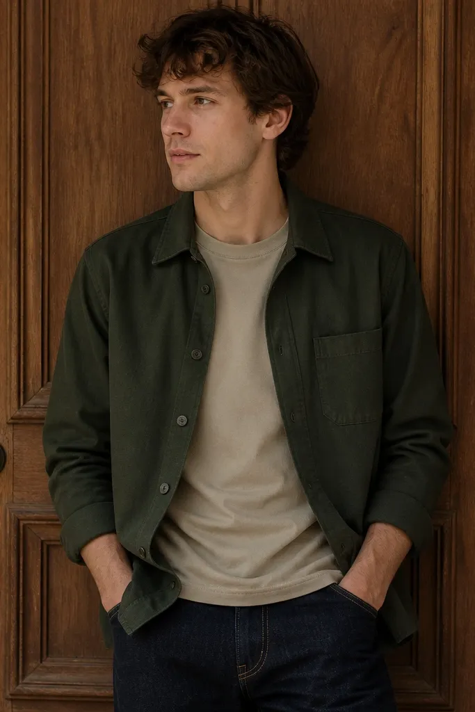 A forest green overshirt worn open over a light khaki t-shirt, paired with dark denim; the person is framed against a wooden door.