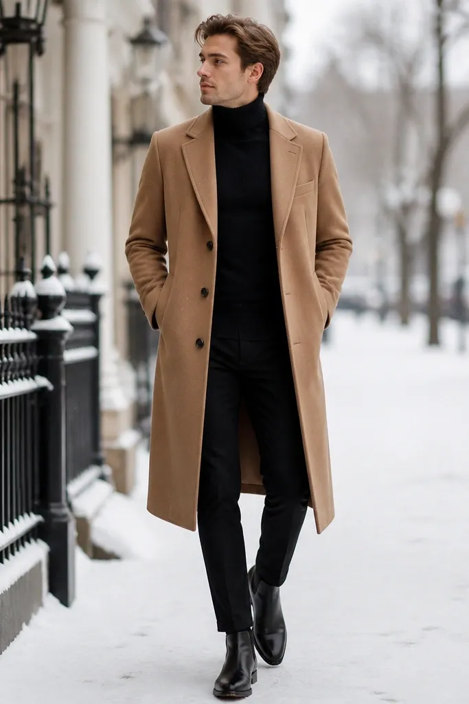 A black turtleneck under a camel overcoat with a long, clean silhouette; black Chelsea boots; the background is a snowy sidewalk or winter street.