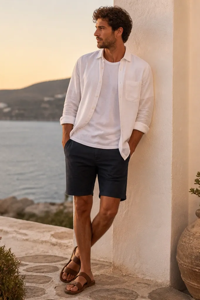 A white linen shirt worn open over a plain tee, paired with navy shorts; brown leather sandals; the setting looks like a warm outdoor summer evening.