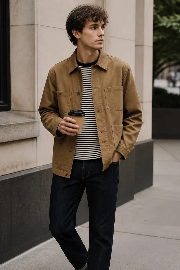 A tan chore jacket with utility pockets over a black-and-white striped tee; dark straight jeans; the person is standing on a sidewalk with a coffee cup.
