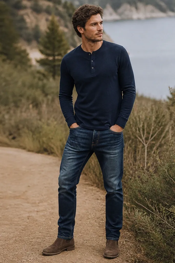 A navy long-sleeve Henley with three buttons worn over washed indigo jeans; brown suede boots; the photo is in a casual outdoor setting.