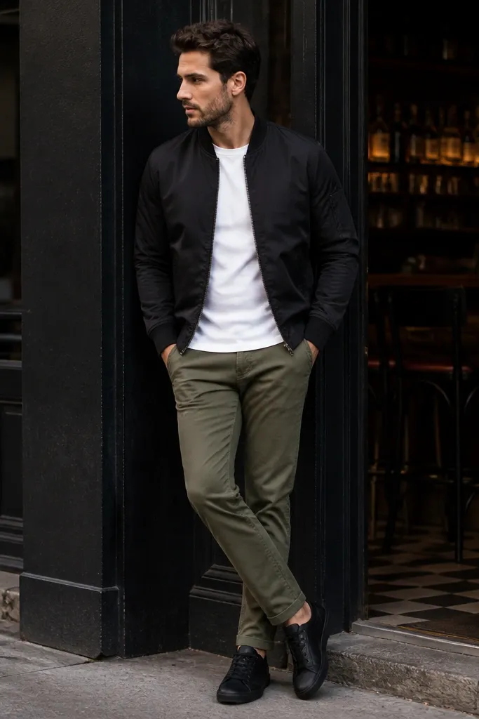 A matte black bomber jacket over a plain white tee, paired with olive chinos and black sneakers; the person is photographed near a bar entrance.