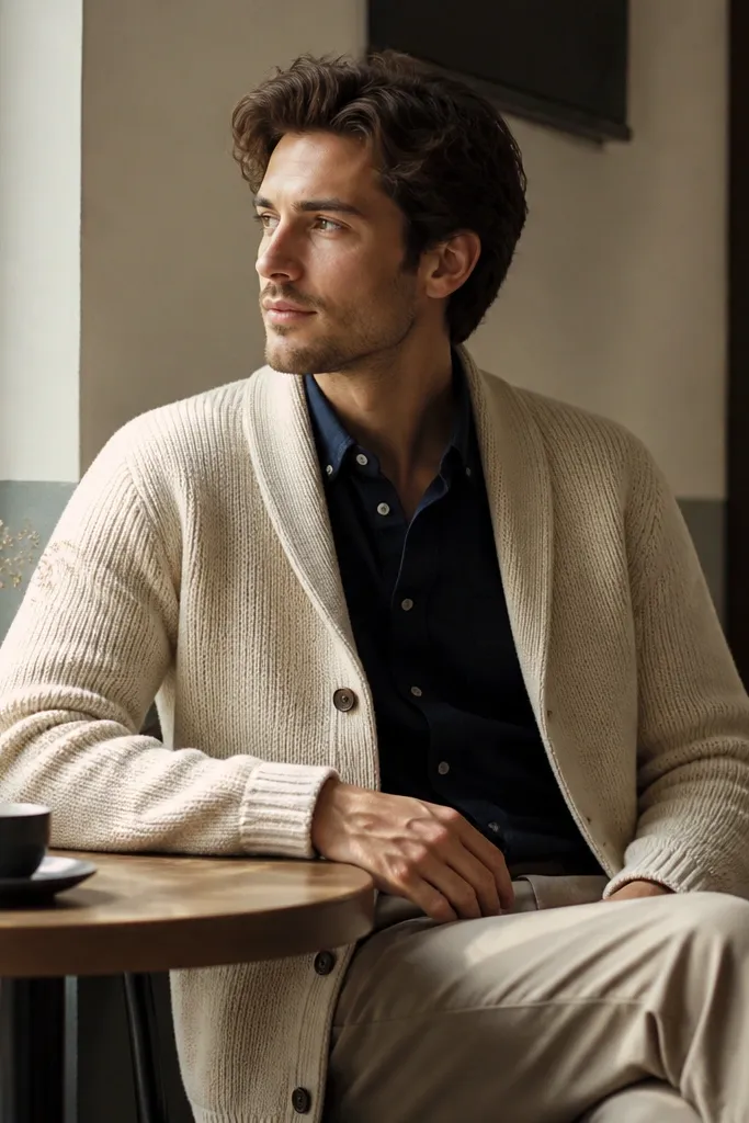 A cream cardigan worn over a navy button-down shirt, paired with tailored chinos; the man is seated at a cafe table with natural light on his face.