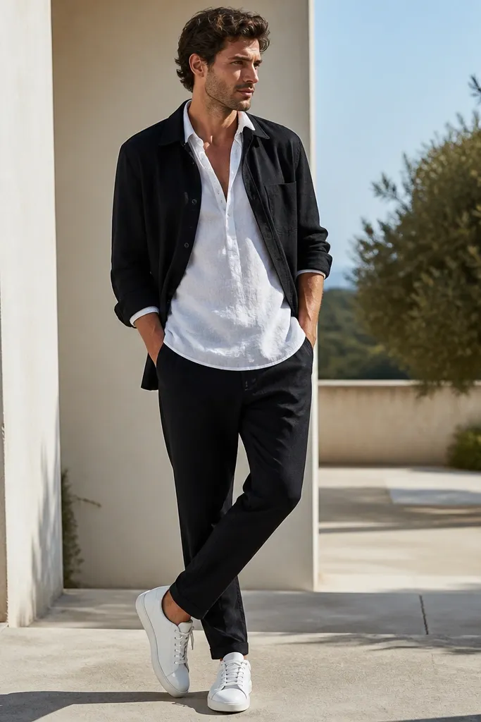 A white linen t-shirt layered under a black overshirt, with white sneakers; the outfit is photographed on a bright day with crisp shadows.