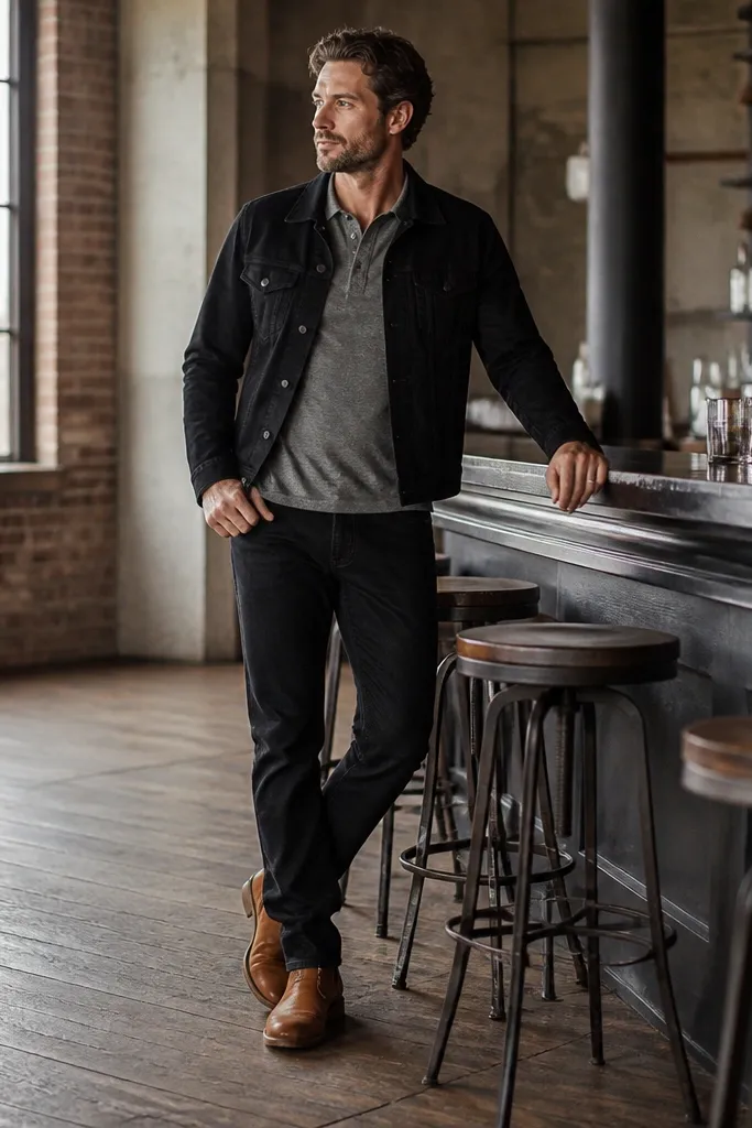 A grey t-shirt with a small collar, layered under a black denim jacket, paired with tan leather boots; the man stands in a warehouse-style bar.