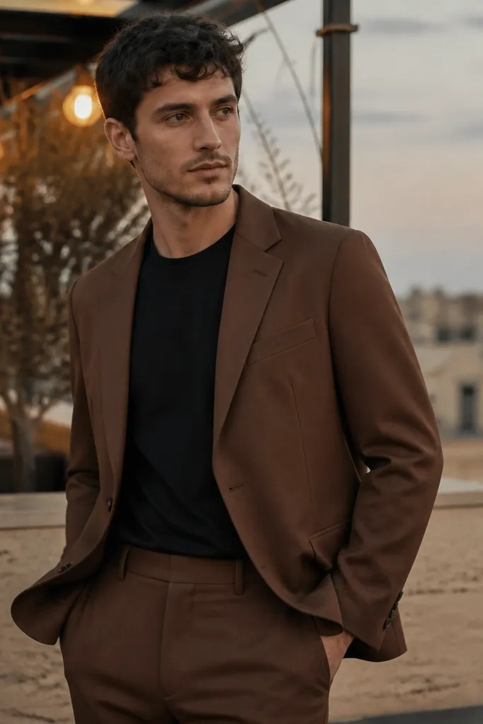 A brown blazer and matching trousers worn as separates over a black crewneck t-shirt; the man is photographed at a rooftop with warm lights.