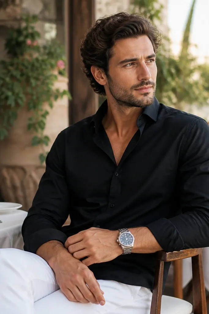 A black button-up shirt worn with white jeans; a silver watch is prominent; the scene is a bright daytime outdoor restaurant.