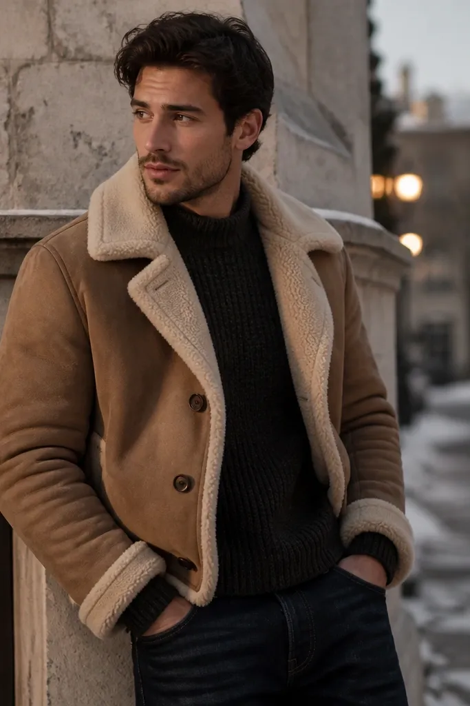 A tan shearling-style jacket worn over a dark knit sweater, paired with dark jeans; the man stands near a fireplace or winter street scene.