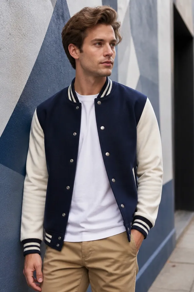 A navy varsity jacket with cream sleeves over a white tee, paired with khaki chinos; the man is outside near a street mural.