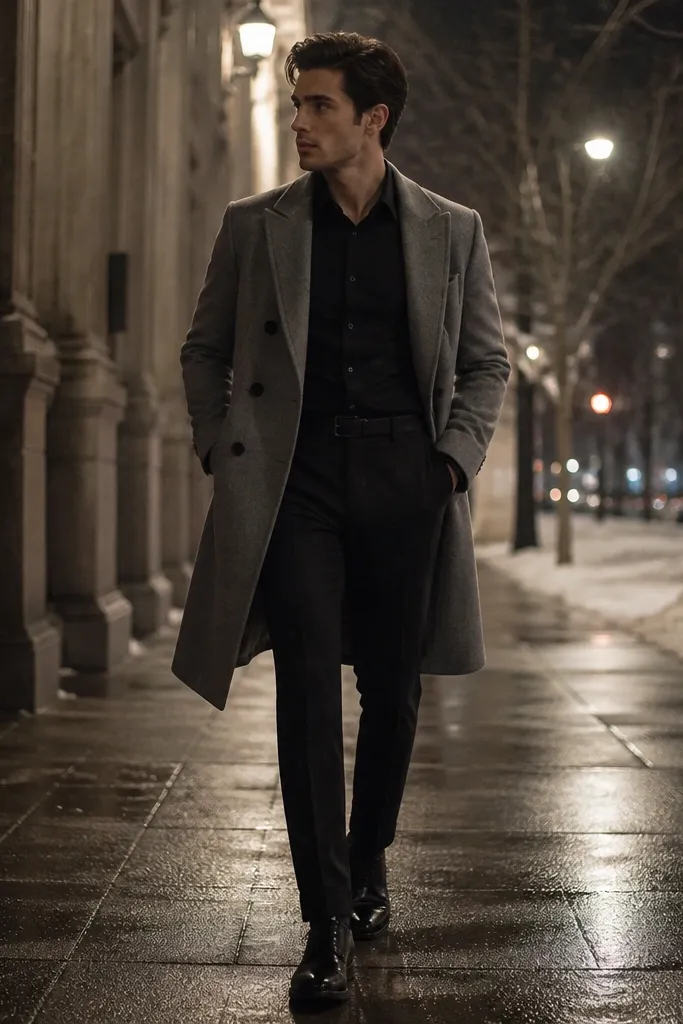 A black button-down tucked into black trousers with a grey overcoat worn open; black dress shoes; the photo looks like a winter evening sidewalk.