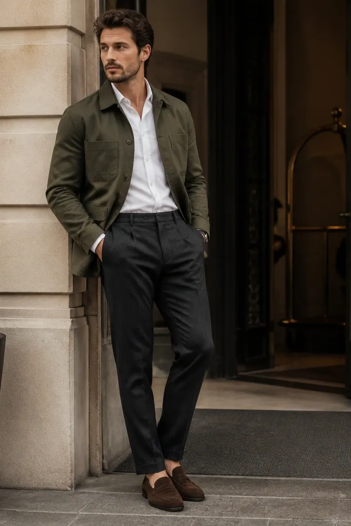 A white dress shirt with the top button open, layered with an olive casual jacket (or overshirt) over dark slacks; brown loafers; the person stands in front of a hotel entrance.
