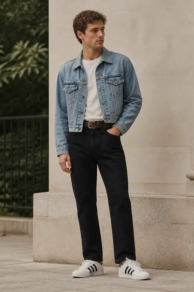 A man standing outdoors wearing white crewneck tee, black straight-leg jeans with a slight taper, and a light blue cropped denim jacket ending above the hips. Classic adidas Superstar sneakers in white with black stripes. Clean shell toe, short laces visible, and a brown leather belt.