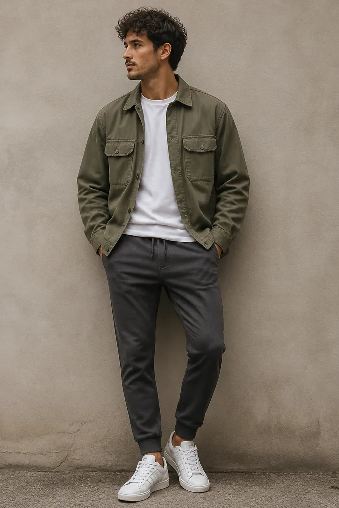 A man wearing an olive utility overshirt with two chest pockets, dark grey joggers tapering at the ankle, and white adidas Superstars. The overshirt is unbuttoned, with the hem near the belt line. Neutral background, casual street vibe.