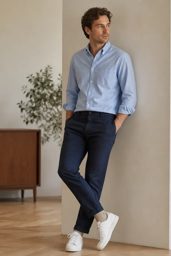 A man in a light blue button-down Oxford shirt with sleeves rolled to mid-forearm, navy chinos, and white adidas Superstar sneakers. The shirt is tucked neatly at the front. Socks are a warm beige color.