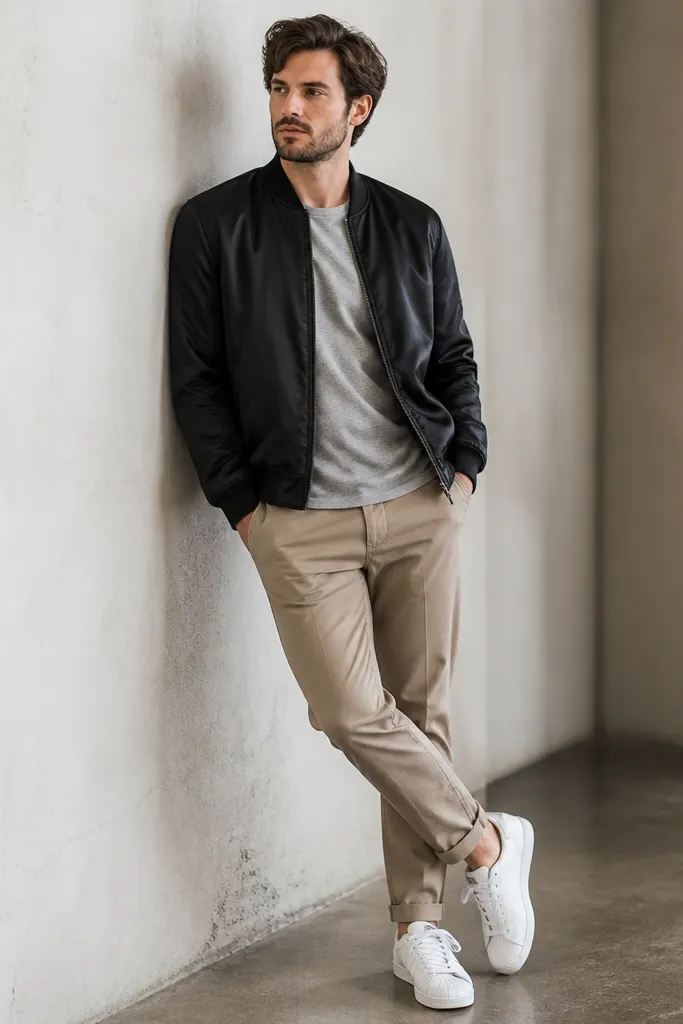 A man wearing a black satin bomber jacket, heather grey crew tee, and tapered khaki pants. White adidas Superstar sneakers sit under the hem. The bomber's ribbed cuffs and waistband are visible, and the jacket is zipped halfway.