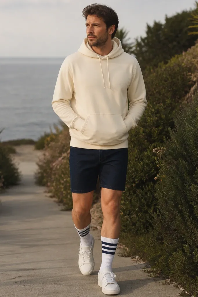 A man in a cream pullover hoodie, navy denim shorts with a 5-inch inseam, and white adidas Superstars. He wears long striped socks in navy and white that reach mid-calf. Casual outdoor scene.