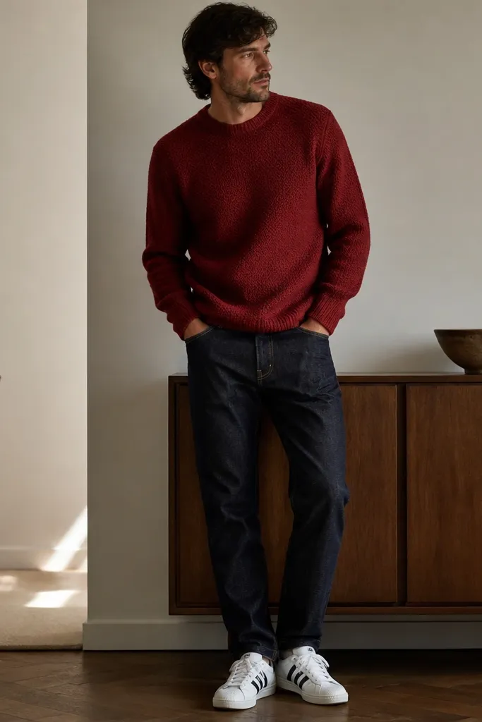 A man wearing a deep red knit sweater, dark-wash straight jeans, and adidas Superstar sneakers with bright white laces. The sweater hem covers the waistband slightly. Lighting shows texture in the knit.
