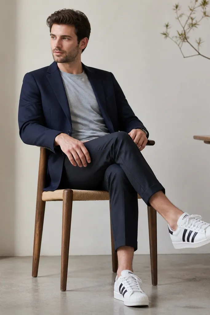 A man in a navy blazer over a heather grey crew tee, wearing cropped trousers that end above the ankle. White adidas Superstars are clearly visible. The blazer is unbuttoned, with a clean shoulder line and minimal accessories.