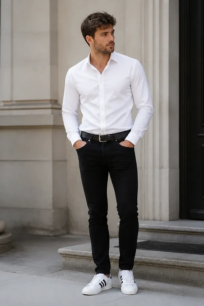 A man wearing a crisp white button-up shirt (top button open), black skinny jeans, and a slim black belt. White adidas Superstar sneakers with black stripes. The shirt is tucked and the jeans hem breaks minimally at the top of the shoe.