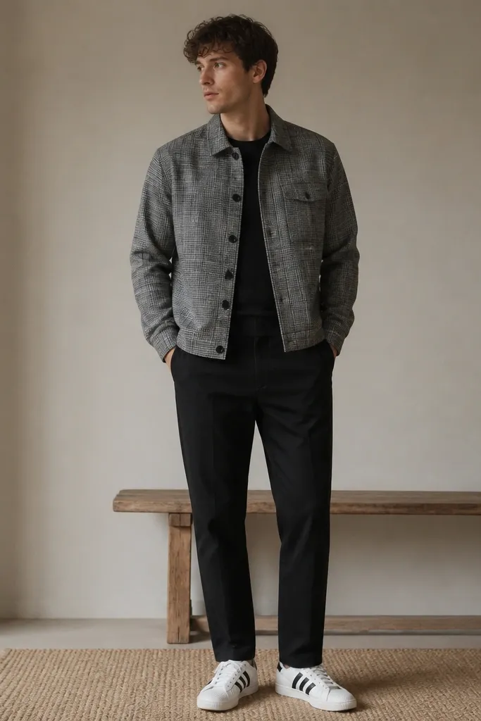A man wearing a grey flannel overshirt with subtle plaid, layered over a black tee. He wears black straight pants with a slight taper and white adidas Superstars. The overshirt is buttoned halfway and the hem hits the waistband.