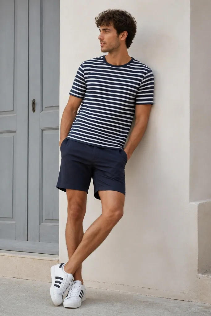 A man in a navy-and-white striped tee, navy shorts, and white adidas Superstars with a visibly clean rubber shell toe. The shorts sit at the waist and end above the knee. The socks are white no-show or low cut.