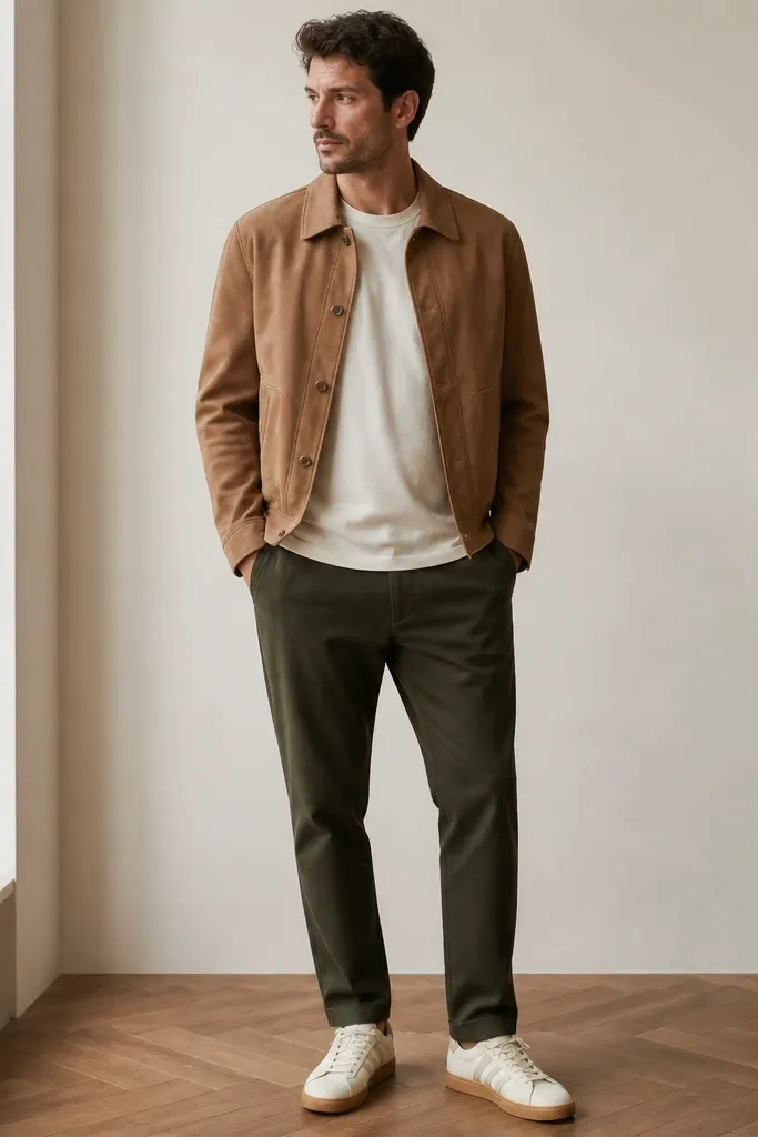 A man wearing a tan suede jacket, an off-white crew tee, dark olive chinos, and adidas Superstar sneakers in off-white with gum sole. The jacket is unbuttoned and ends around mid-hip.