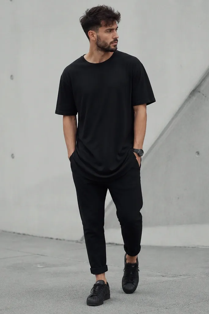 A man in an all-black outfit: longline black tee, black slim joggers or pants with rolled cuffs at the ankle, and black Superstars. The look is monochrome, with a matte watch and minimal accessories.
