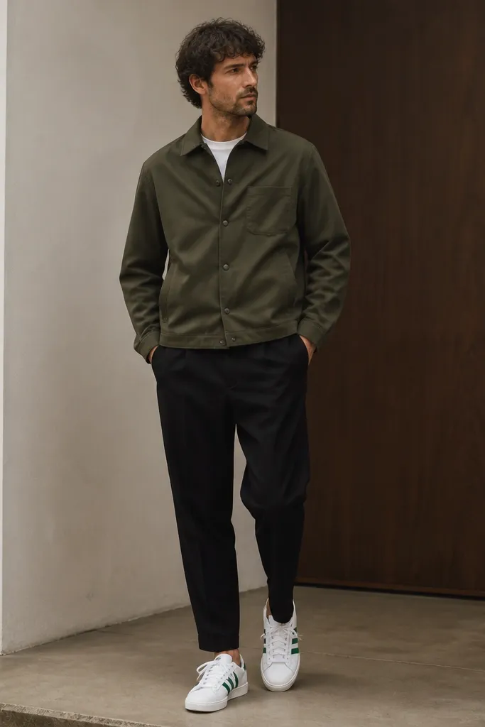 A man wearing a white crew tee, a green overshirt with snap buttons, and black tapered pants. The overshirt is buttoned and hits at the waistband. Adidas Superstar sneakers are white with green accents.