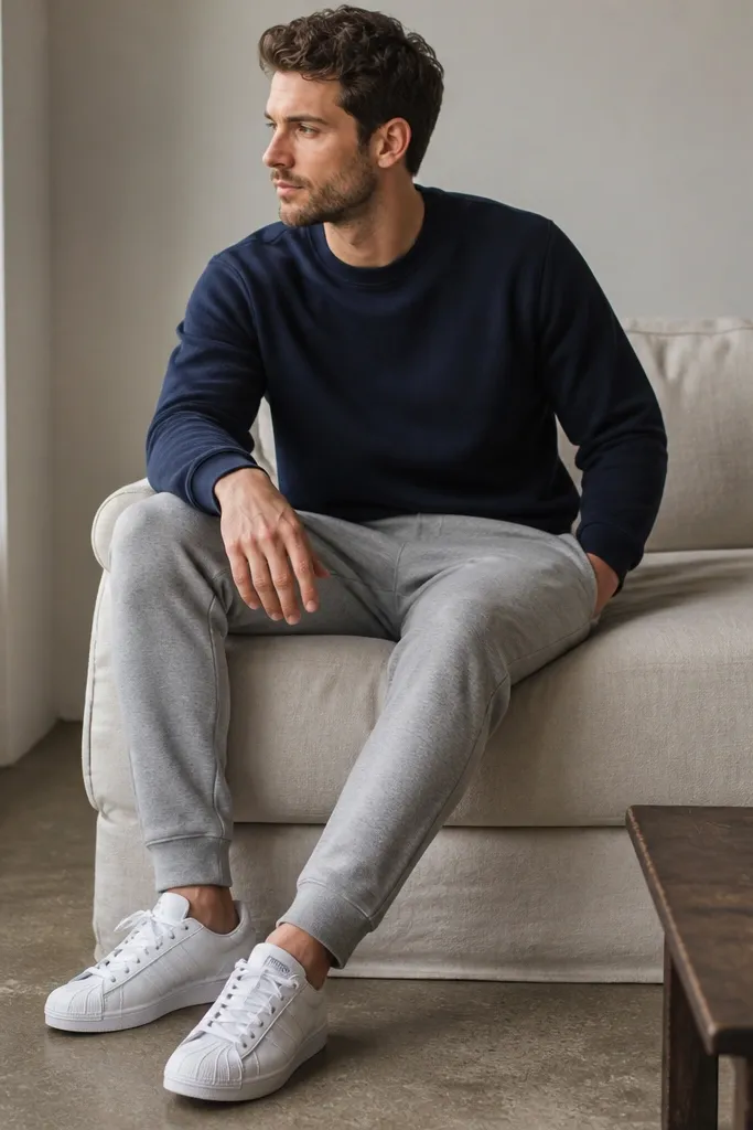 A man wearing a navy crewneck sweatshirt and heather grey sweatpants with a tapered ankle. White adidas Superstars with bright white laces. The sweatpants cuff sits just above the shoe.