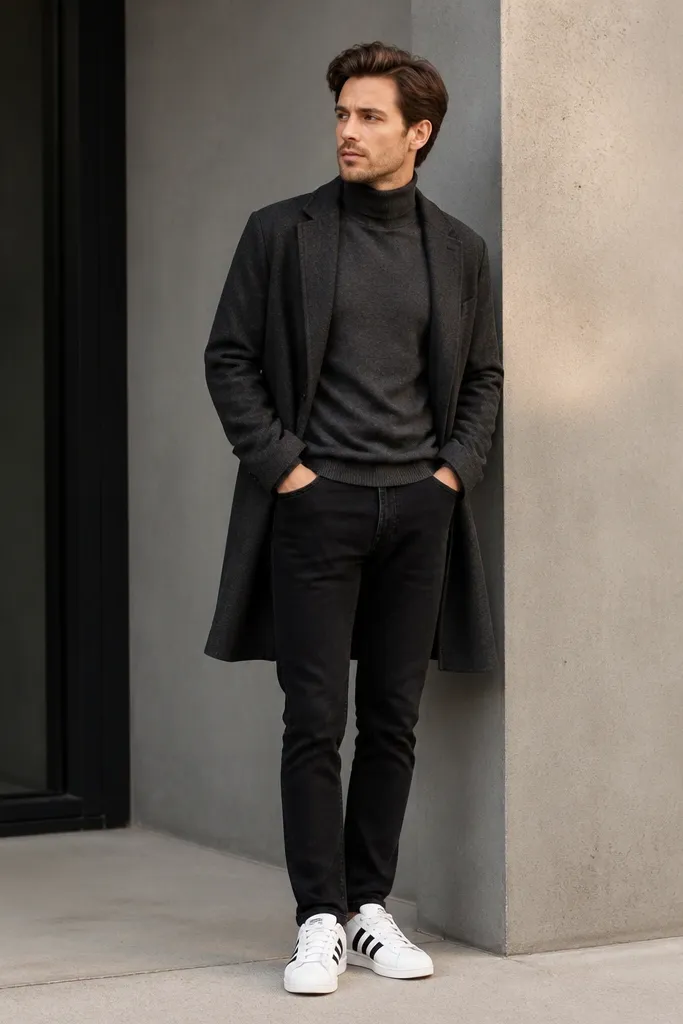 A man in a charcoal turtleneck sweater, black jeans, and a long dark coat that reaches mid-thigh. He wears white adidas Superstars. The coat hangs open, creating a vertical line down the body.